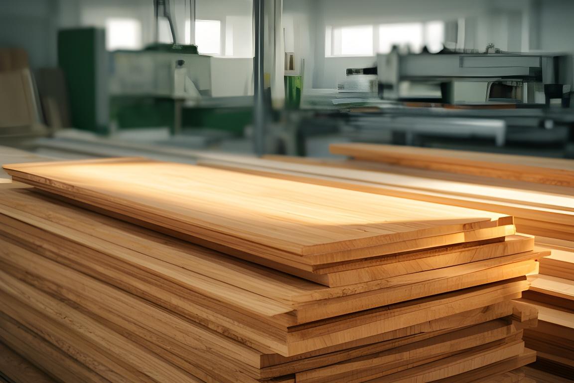 Moderne Holzproduktion mit gestapelten Brettern und warmem Tageslicht in einer sauberen Werkhalle in Zürich