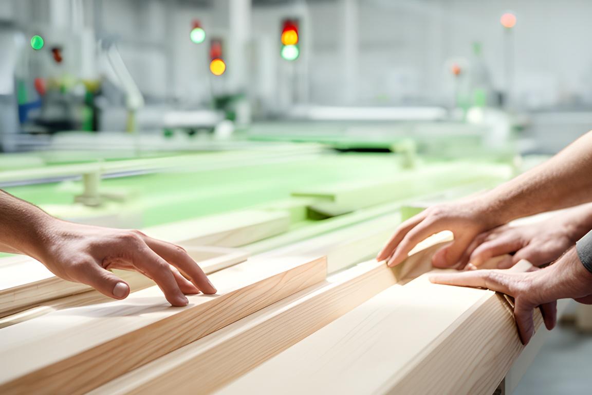 Holzprodukte in einer hellen Produktionshalle mit präziser Qualitätskontrolle und ruhiger Arbeitsatmosphäre