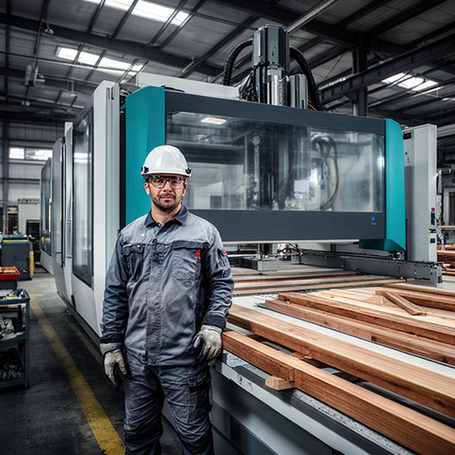 Loris Baumann neben einer modernen Holzfräse in der Produktionshalle mit Schutzhelm und Arbeitskleidung