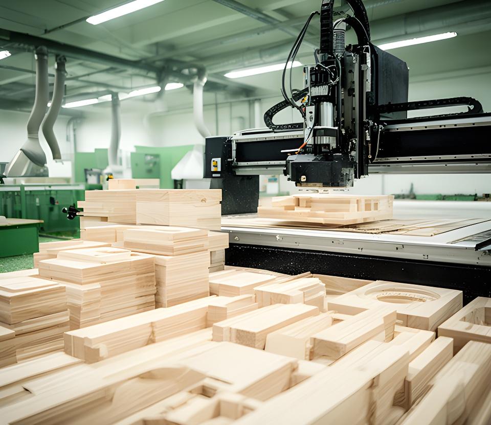 Holzbearbeitung in einer modernen Werkhalle mit CNC-Maschine und hellen Holzbauteilen