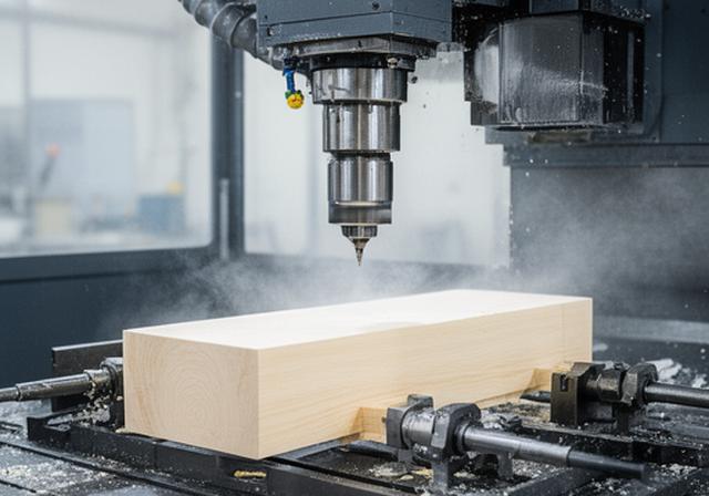 5-Achs-CNC-Maschine in einer sauberen Werkhalle mit eingespanntem Holzbauteil