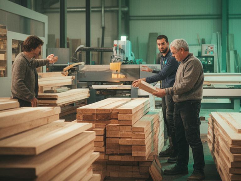 Teammitarbeitende im Austausch neben frisch bearbeiteten Holzpaketen in einer modernen Produktionszone